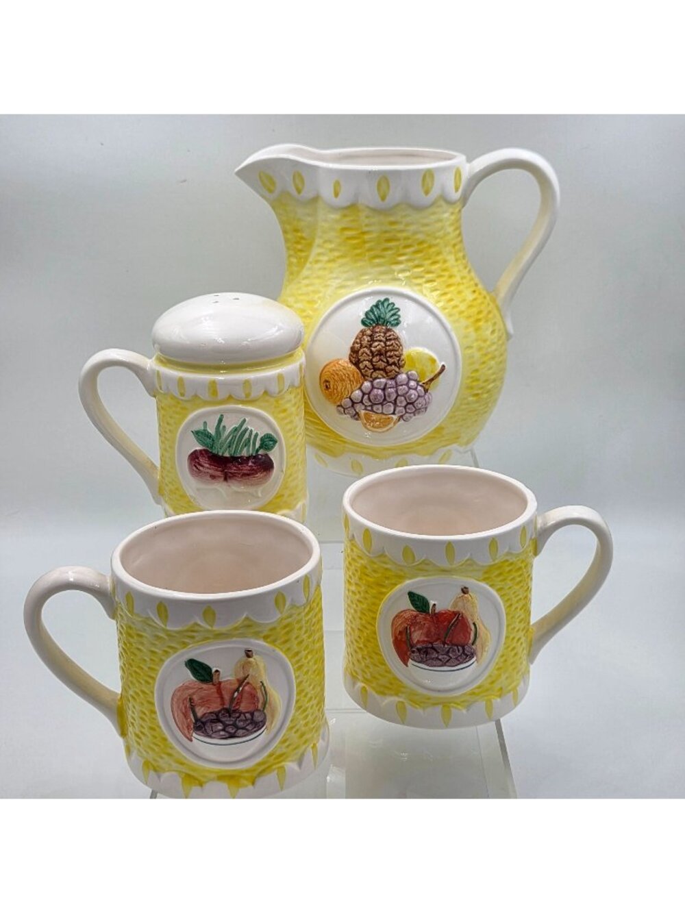 Market Basket Hand Painted Fruit and Vegetable Pitcher Cup Sugar Shaker Set - Picture 1 of 16